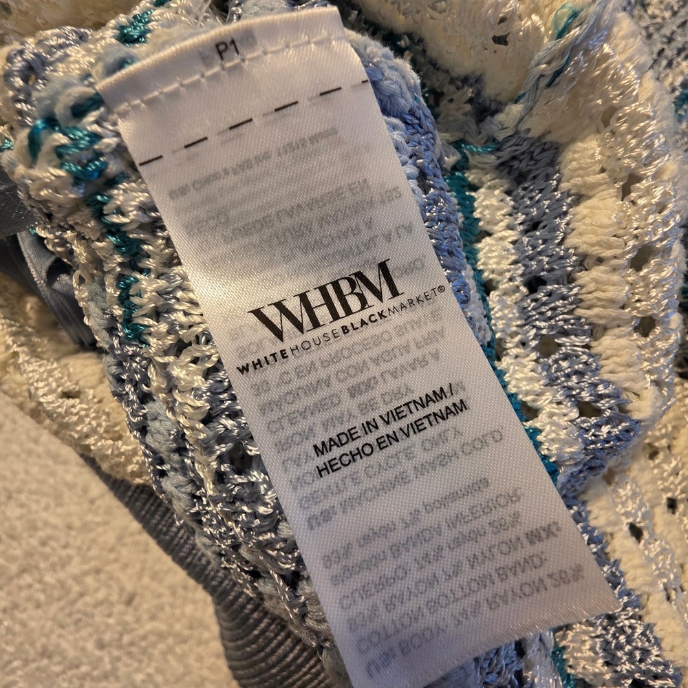 WHBM V-Neck Sweater Women M Blue Striped Good Open Knit 3/4 Sleeve Pullover - Picture 8 of 11